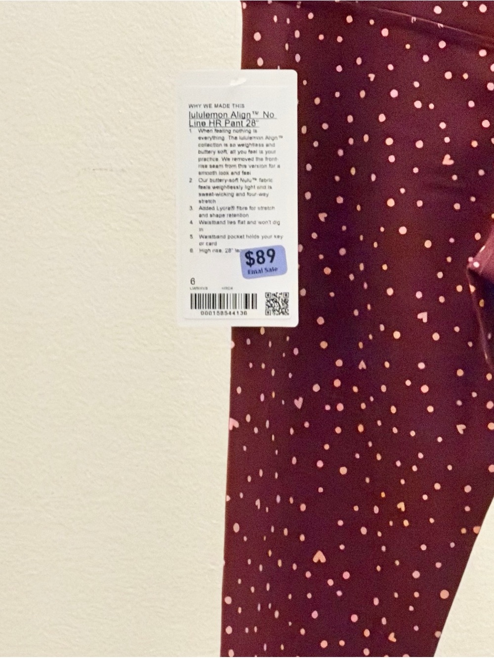 NWT Lululemon Align No Line HR Pant 28" Heart Dot Maroon Red Pink Size 6 - Picture 6 of 6
